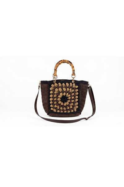 JADDA Handmade Daily Knitted Shoulder Bag Raffia Yarn Bamboo Handle Coffee Sh...
