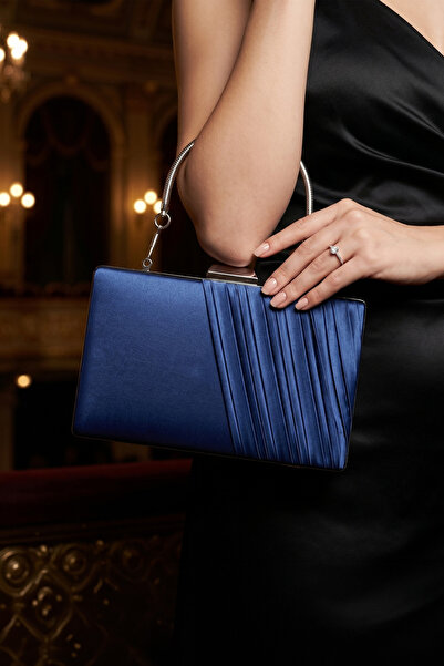 Erkan Saçmacı Navy Blue Satin Pleated Metal Case Evening Dress Handbag with H...
