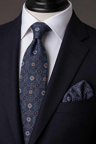 Kravatkolik Navy Blue Beige Motif Patterned Classic Tie with Handkerchief Kk1...