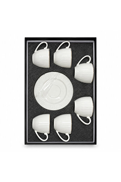 OEM Set 6 cești cafea din porțelan alb cu farfurii, model striat elegant