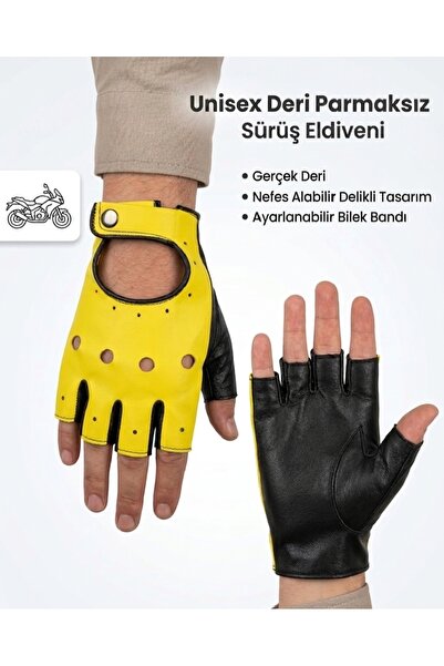 Modalight Hakiki Deri,Sarı Siyah Kombin,Kısa parmak eldiven