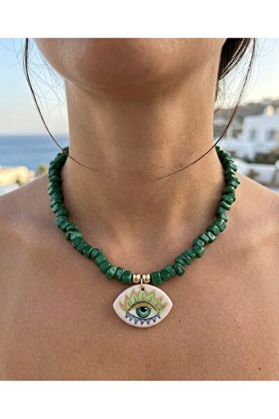 Hello Neo Jewelry Seramik Gözlü Yeşil Cam Bodrum Boncuk Kolye