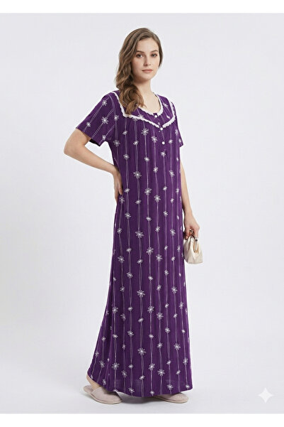 Noom Nightwear Women's Floral Print Long Nightgown Short Sleeve Sleep Dress C...