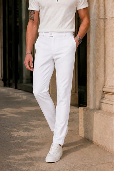 Ser Joven Men's White Slim Fit Lycra Side Pocket Ankle Length Plain Fabric Tr...