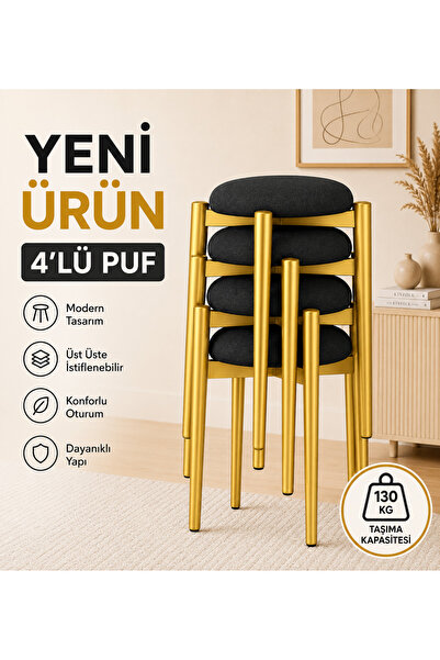 EDMONDA EV AKSESUAR ZÜMRA 4LÜ PUF TABURE BENCH MAKYAJ SANDALYESİ GOLD AYAK