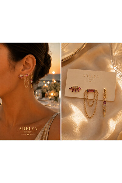 ADELYA CONCEPT 3-Piece Pink Stone Detailed Gold Earrings