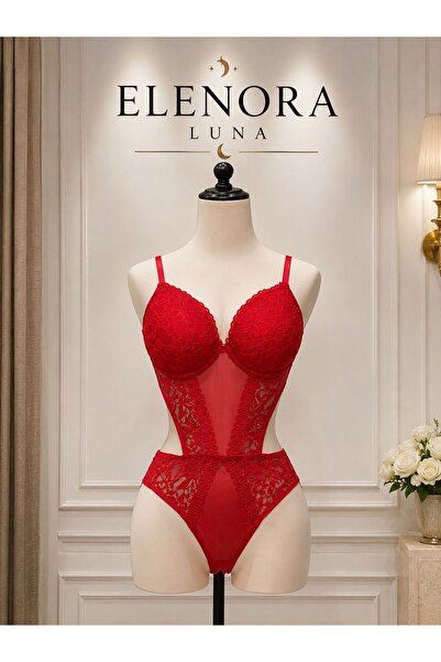 ELENORA LUNA Kırmızı Dantelli Dolgulu Destekli Dantel Detaylı Bodysuit