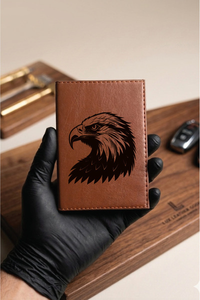 Yalıgraf Reklam Tabela Eagle Head Brown Tan Leather Stitched Vehicle License ...