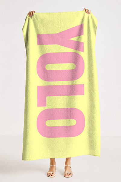 Evimde Bambaşka YOLO Written Modern Beach Towel - Κίτρινο Ροζ Μινιμαλιστικό Π...