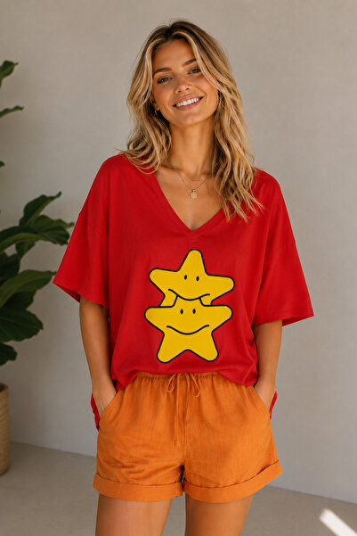 ArtYus Double Star Printed V-Neck Casual Unisex Oversize T-Shirt – Cotton Cas...