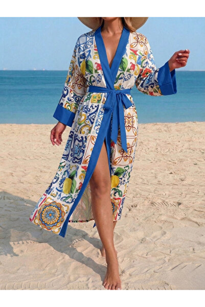mass fashion Kadın Desenli Kuşaklı Kimono