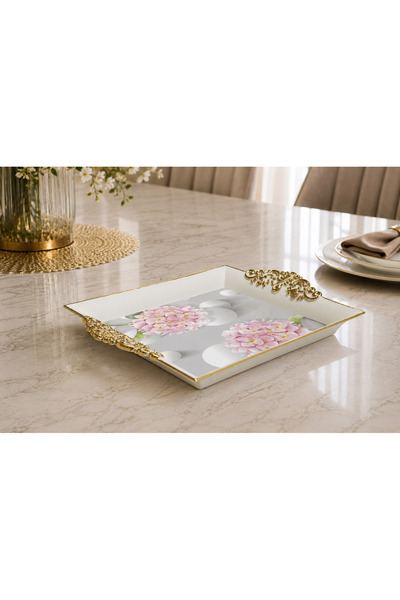 Zucci Home Luxury Baroque Vintage Tray 22X26 cm |   Pink Bloom |   Gold Handl...