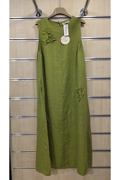Park Moda Italian Linen Dress with Zero Sleeves and Floral Appliques