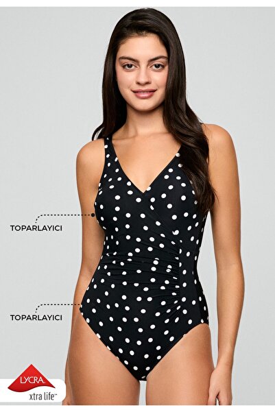 Kom Costum de baie negru pentru femei, cu buline, cu acoperire fixă, cu drapa...