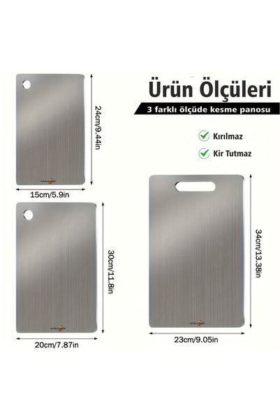M3DECORİUM 3-Piece Stainless Steel 0.3 mm Dough Kneading Rolling Board Fruit Vegetable Chopping Board Countertop Mat Steel Home Kitchen Chef Cutting Block Set Dowry Giftware
