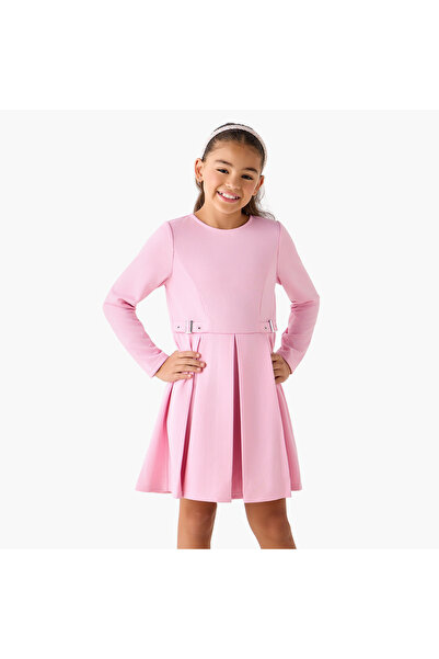 Juniors Crew Neck Long Sleeves Dress with Pleated Detail