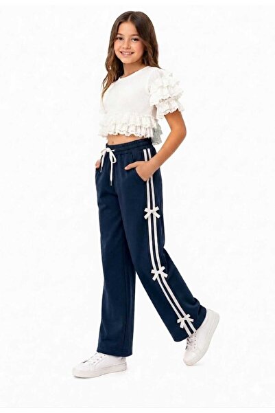 TORYUM TEKSTİL Girls' Baggy Tracksuits with Stripes and Ribbons, Two-Piece, N...