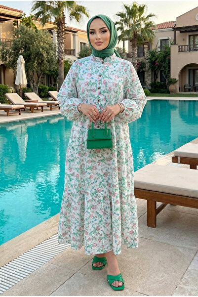 PALME D'OR Women's Floral Patterned Layered Buttoned Hijab Dress