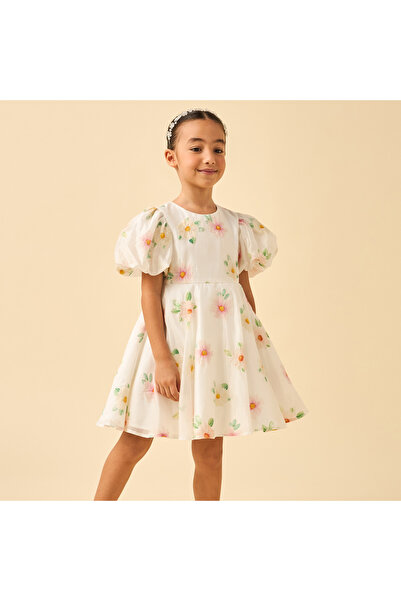 Juniors Round Neck Short Sleeves Knee Length A-line Dress with Floral Embroidery