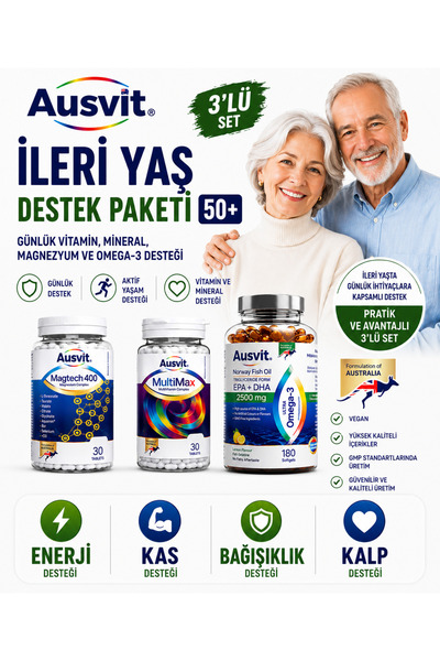 Ausvit İleri Yaş 50+ Günlük Destek Paketi 3'lü Set Omega-3 Magnezyum ve Multi...