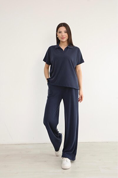 Mersella Softline Women's Polo Collar Bloom Fabric Double Set Cotton Relaxed ...