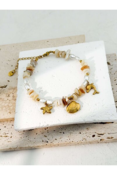Golden Thread Boho Βραχιόλι με Φυσικά Μαργαριτάρια, Κοχύλια & Χρυσό Δελφίνι "...