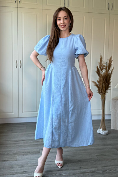 Dilay Gökoğlu Butik Muslin Fabric Balloon Sleeve Midi Blue Dress