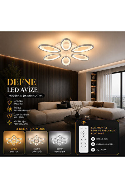 kra avize Defne Plafonyer Lüks Modern 6'Lı 3 Renk Kumandalı Avize