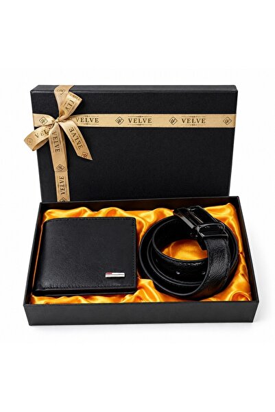 velve Set premium barbati Essential Black cu portofel si curea neagra din pie...