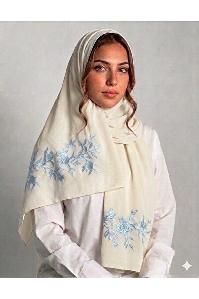 Veil Designer طرحه بوال اوف وايت طبقتين بتطريز علي الطرفين اغصان الورد سماوي ...