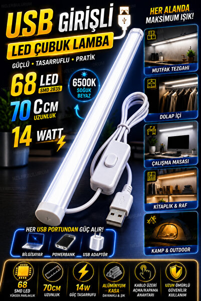 nelerbulurum USB Girişli 70 Cm 14 Watt 68 Led Çubuk Led Lamba Soğuk Beyaz Dol...