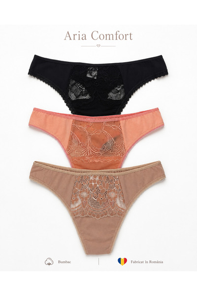 Aria Comfort Set 3 Chiloți Tanga Damă cu Dantelă Florală – Bumbac, Multicolor...