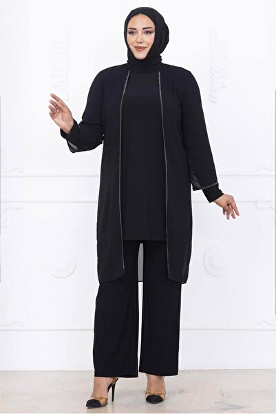 TRENDTESETTÜR KADIN SİYAH ŞİFON ABİYE PANTOLONLU TAKIM T 2831