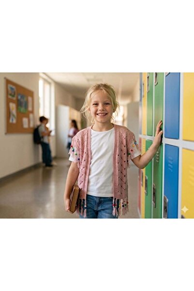 Hilal Akıncı Kids Devojčin ažurni pleteni prsluk sa šarenim perlama i detaljn...