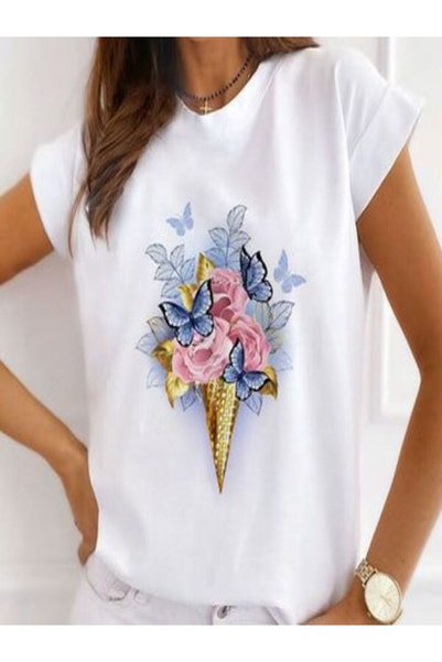 vorena Flower and Butterfly Printed White Oversize T-Shirt