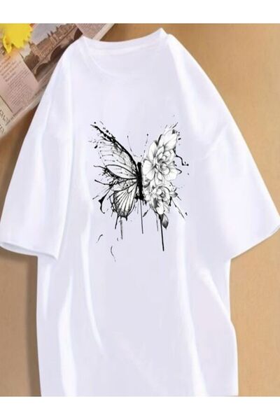 vorena White Oversize T-Shirt with Black and White Butterfly and Floral Print