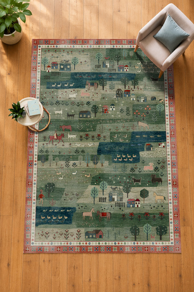 rugseason Çiftlik Temalı Dokuma Taban Kilim Kaymaz Taban Makinede Yıkanabilir...