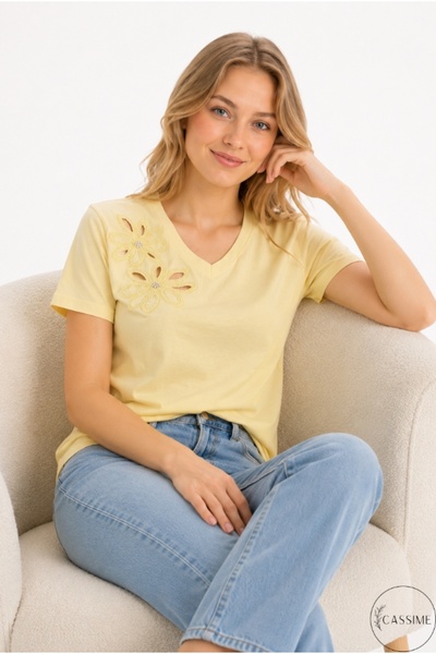 Cassime Tricou tricotat pentru femei, galben, 100% bumbac, croială normală, c...