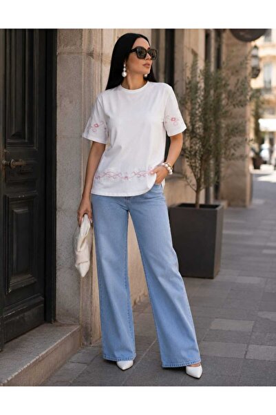Budan Export Women's White Embroidered Crew Neck Short Sleeve Loose Summer T-...