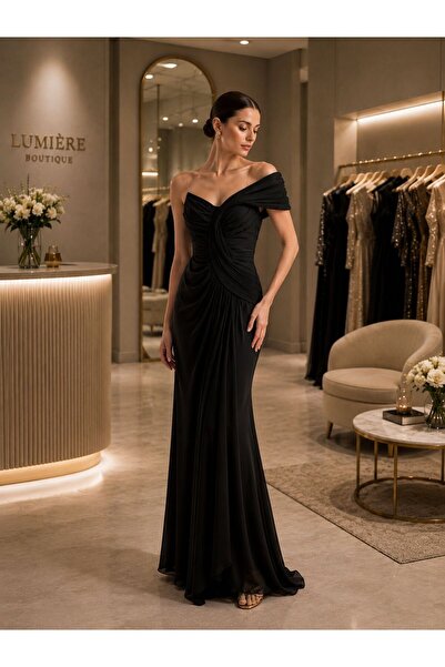 Hennin Drape Detailed Off-Shoulder Long Evening Dress 8044