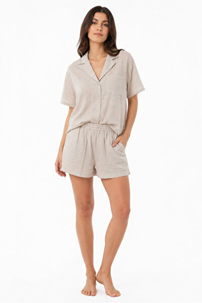 Tusebu Organic Cotton Beige Striped Textured Shirt Collar Women's Shorts Paja...