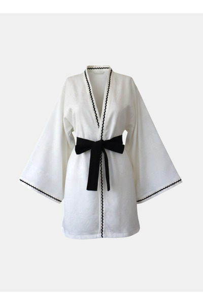 Magic BAlance Siyah Dalga Biyeli Beyaz Keten Desenli Kimono | 888Balance