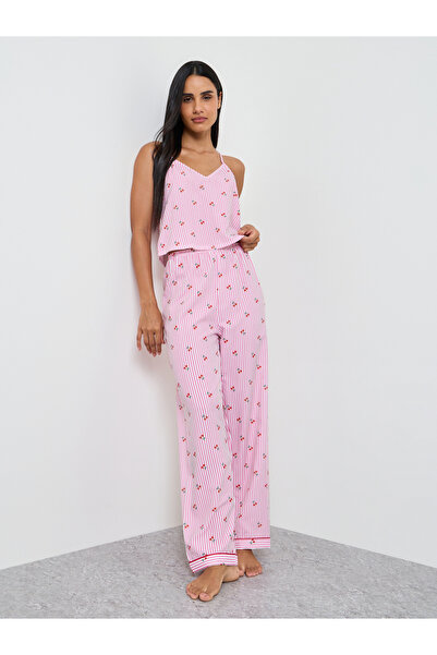 Take Two By Styli Pink Cherry Striped Print Cami and Pyjama Set
