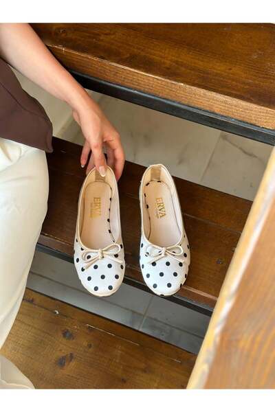 ERVANIN BUTİĞİ Beige Polka Dot Satin (India) Bow Detail Women's Ballerinas