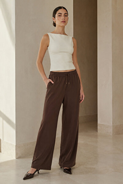Ivoire Wear Brown Modal Blend Lace-Up Wide-Leg Women's Sweatpants