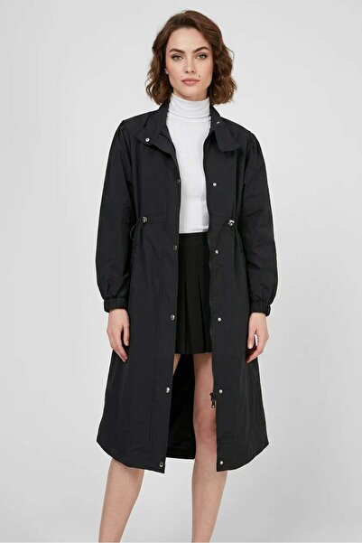 ALFA AKSESUAR 03 Women's Shirt Collar Gathered Waist Long Sleeve Black Trench...