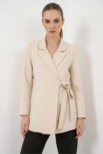 Generic Brand Women's Blazer with Collar, Belted, Side Tie, Beige Jacket