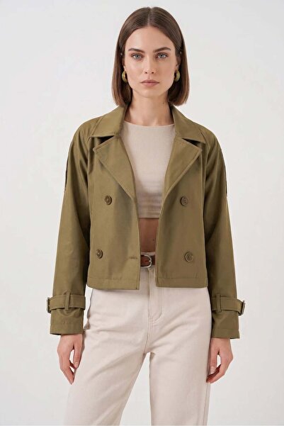 ALFA AKSESUAR 03 Women's Classic Collared Belted Short Khaki Trench Coat