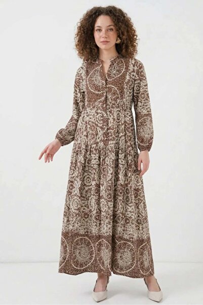 Generic Brand Women's High Collar Gathered Waist Floral Patterned Viscose Bro...