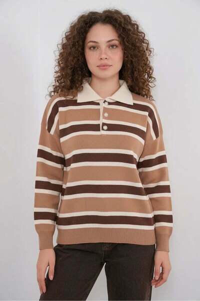 Generic Brand Women's Polo Collar Striped Knitwear Mink Sweater